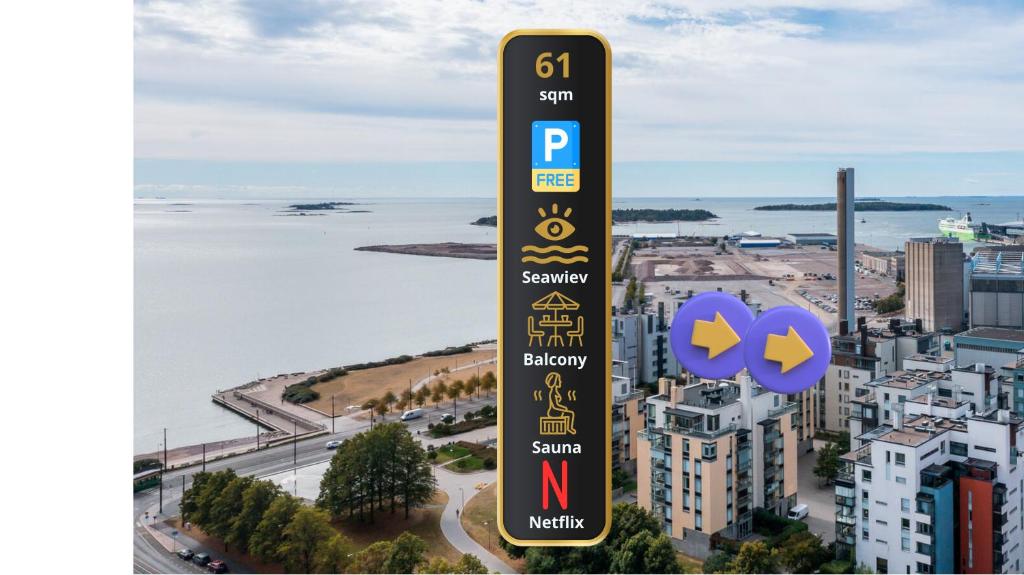 um poste com placas de rua em frente a uma cidade em A luxurious aprtm with a sauna and terrace Netflix em Helsinque