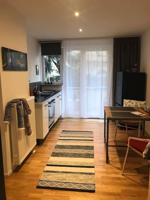 a kitchen with a table and a dining room at Wohnung Stadtmitte Würzburg, Küche, Balkon. in Würzburg