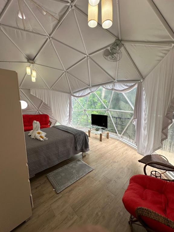 a room with a bed and a tv in a tent at Glamping Hope Garden in Sarapiquí