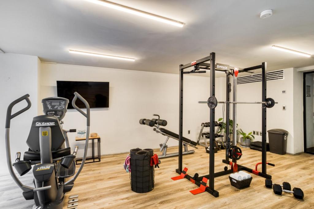 A well-equipped fitness room with cardio and strength-training equipment.