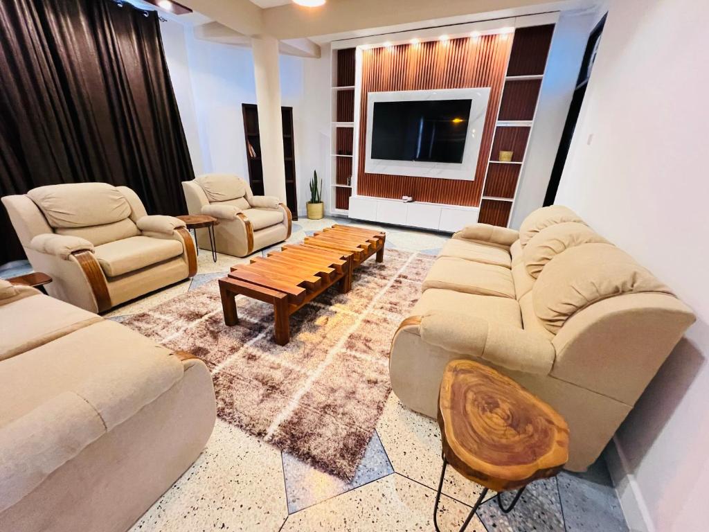 a living room with couches and chairs and a tv at Urban Haven -Entire Apartment in Iringa