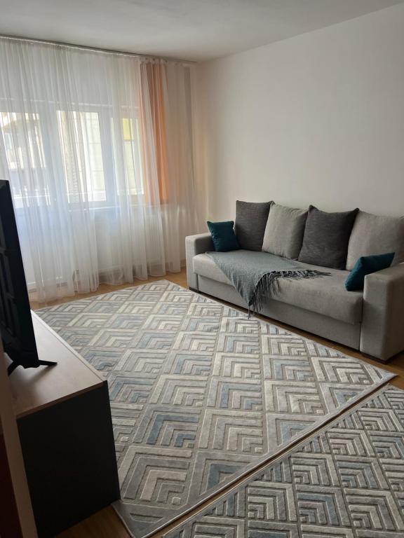 a living room with a couch and a rug at Apartament centru in Râmnicu Vâlcea