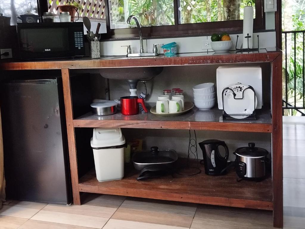 uma prateleira de cozinha com um lavatório e um micro-ondas em Breezes Ecolodge em San Ramón