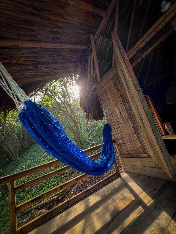 a blue hammock hanging from a roof in a room at Los Achiotes Hostal - Palomino in Palomino
