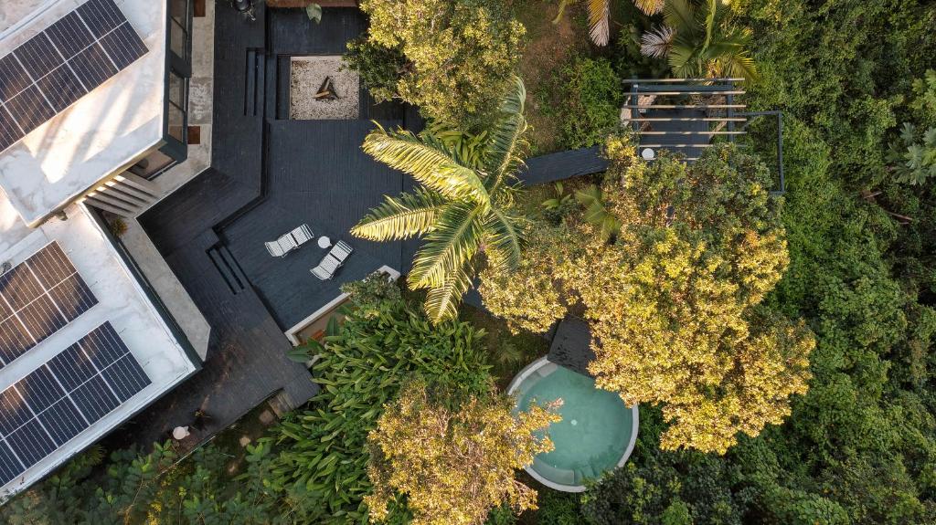 una vista aérea de una casa con piscina y árboles en SELVA by DW, en Fajardo