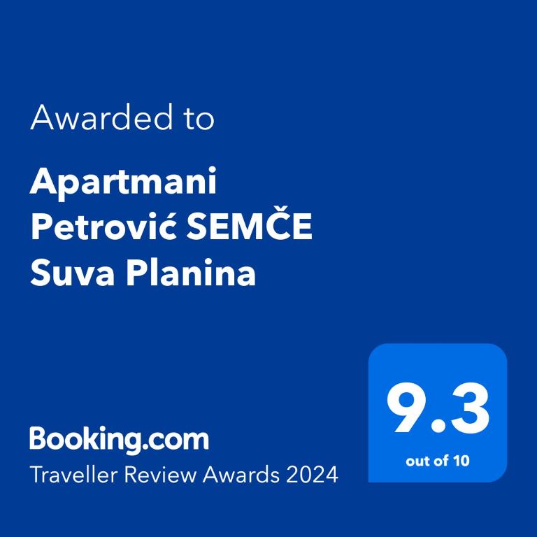 Certifikát, hodnocení, plakát nebo jiný dokument vystavený v ubytování Apartmani Petrović SEMČE Suva Planina