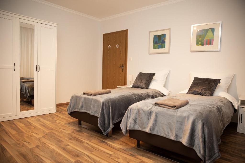 a bedroom with two beds and a mirror at Komfortable Wohnung in Alzenau