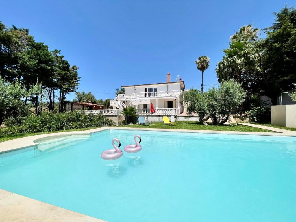 a swimming pool with two pink flamingos in it at Villa Rachele con piscina in Balestrate