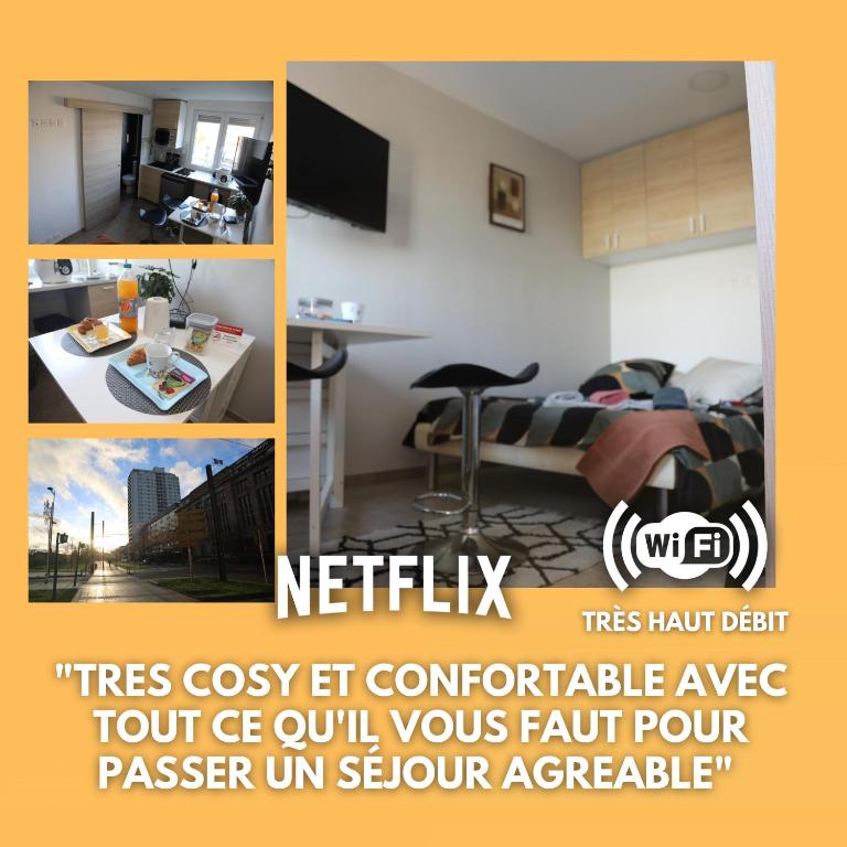 un collage de photos d'un salon et d'une chambre dans l'établissement Charmant studio en centre-ville, à Mulhouse