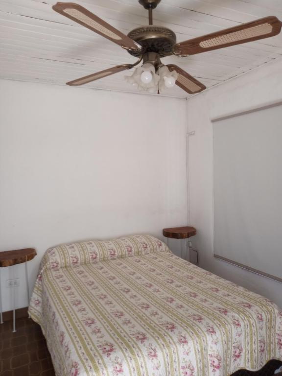 1 dormitorio con 1 cama y ventilador de techo en CasaMüna en San Antonio de Areco