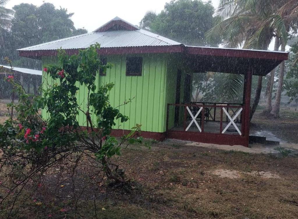 un edificio verde con una puerta bajo la lluvia en Yawekata Eco Still Bluewater Resort, en Isla Naviti