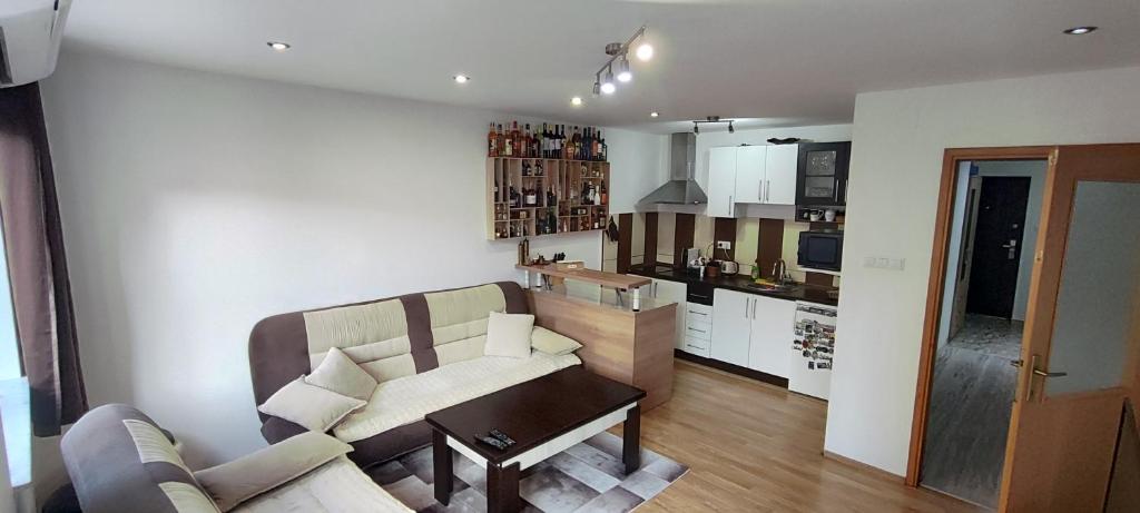 ein Wohnzimmer mit einem Sofa und einer Küche in der Unterkunft Mokusnice in Zenica