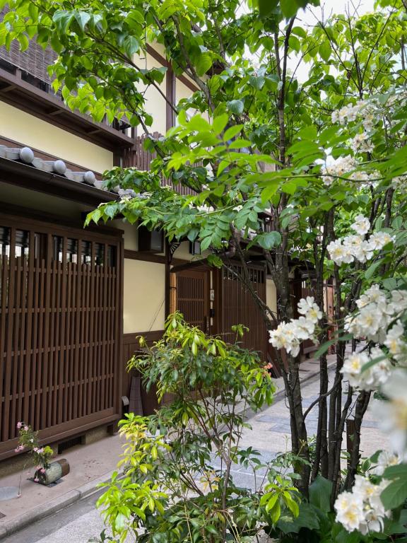 a tree with white flowers in front of a building at Imakumano Terrace - Eisen An 潁川庵 in Kyoto