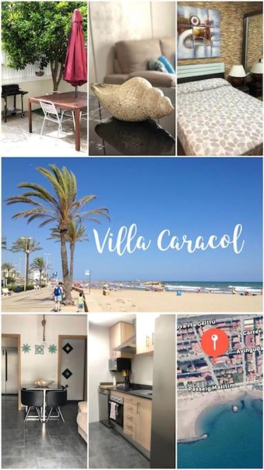 a collage of pictures of a living room and a villa complex at Apartamento Villa Caracol in Cunit