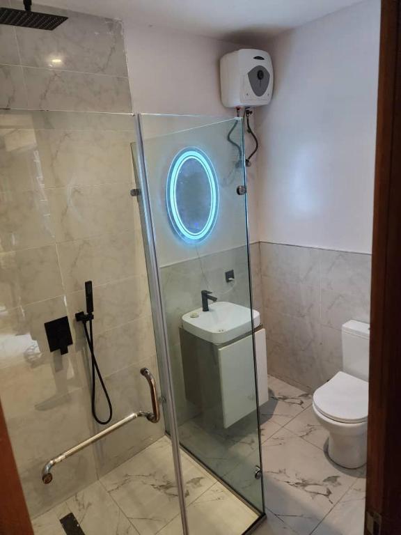 a bathroom with a shower with a sink and a toilet at Ezra courts apartments in Lekki