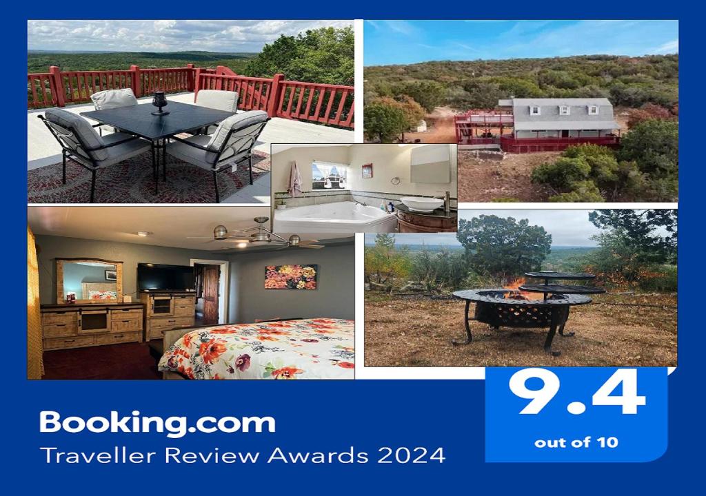a collage of four pictures of a house at Entire 2br 2ba hilltop view home Sleeps 8 pets 4 acres Jacuzzi Central AC Kingbeds Free Wifi-Parking Kitchen WasherDryer Starry Terrace Two Sunset Dining Patios Grill Stovetop Oven Fridge OnsiteWoodedHiking Wildlife CoveredPatio4pets & Birds Singing! in Marble Falls