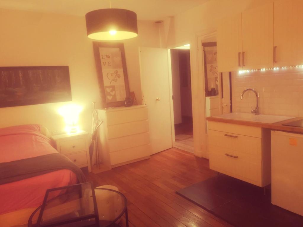 a room with a bed and a kitchen with a sink at Mini Flat Paris Neuilly La Défense in Neuilly-sur-Seine
