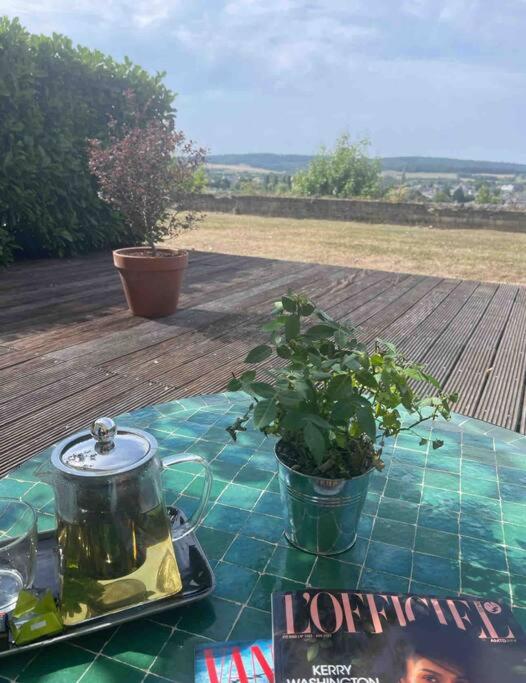 une table avec un pot et une plante en pot dans l'établissement Loft de charme avec terrasse et jardin au Fort d’Asfeld, à Sedan