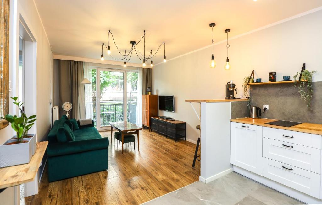 een keuken en een woonkamer met een bank en een tafel bij River House - J&D Apartamenty in Szczecin