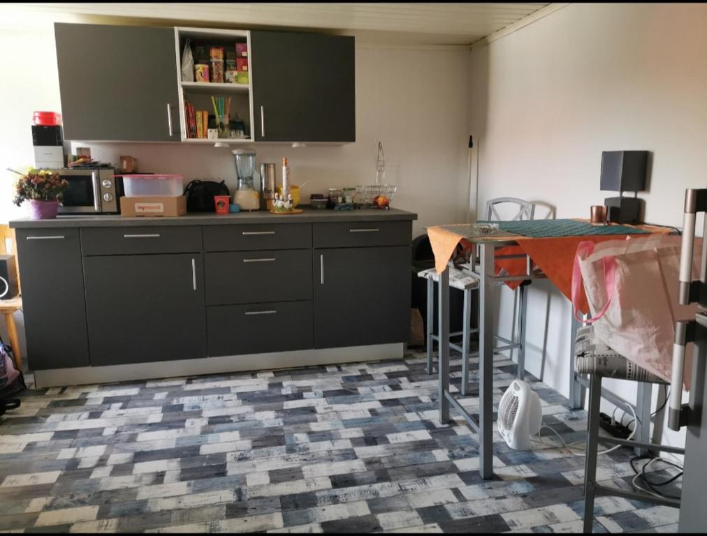 uma cozinha com um balcão e uma mesa num quarto em Villa RollNi em Haverlah