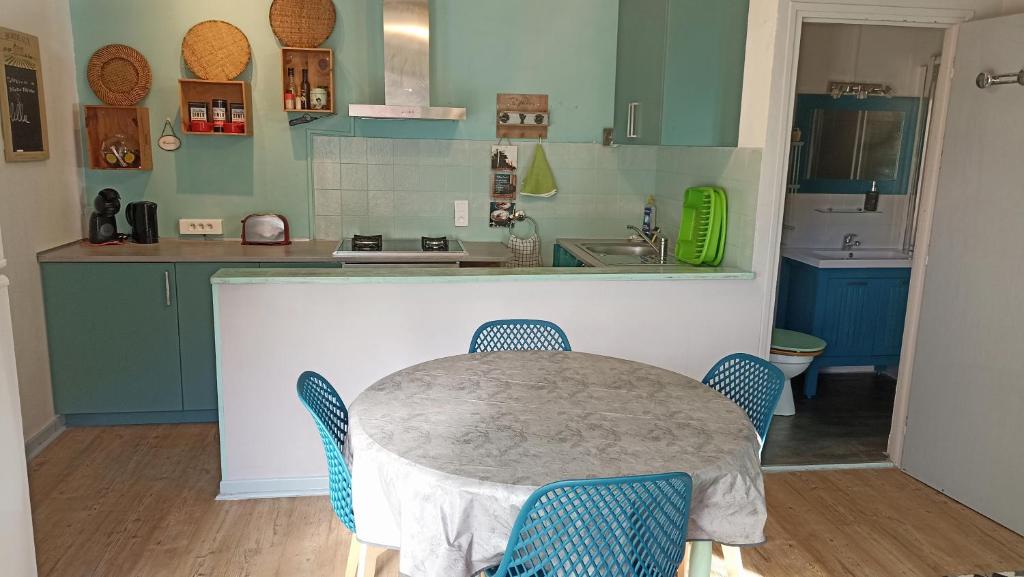 een keuken met een tafel met stoelen en een wastafel bij Charmant appartement au cœur de la montagne Corse in Zoza