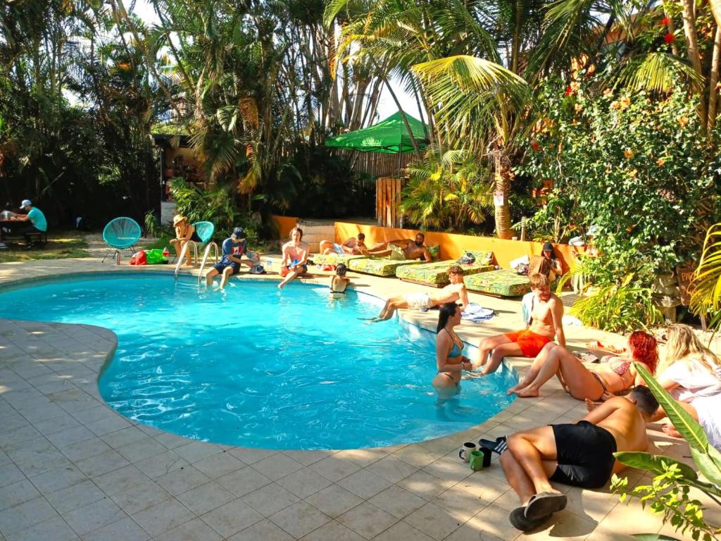 un grupo de personas sentadas en una piscina en Costa Rica Backpackers, en San José