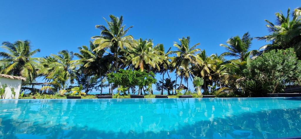 uma grande piscina com palmeiras ao fundo em La Villa Boraha Location de villa entière en bord de plage Piscine privée Wifi Ile Sainte Marie em Sainte Marie