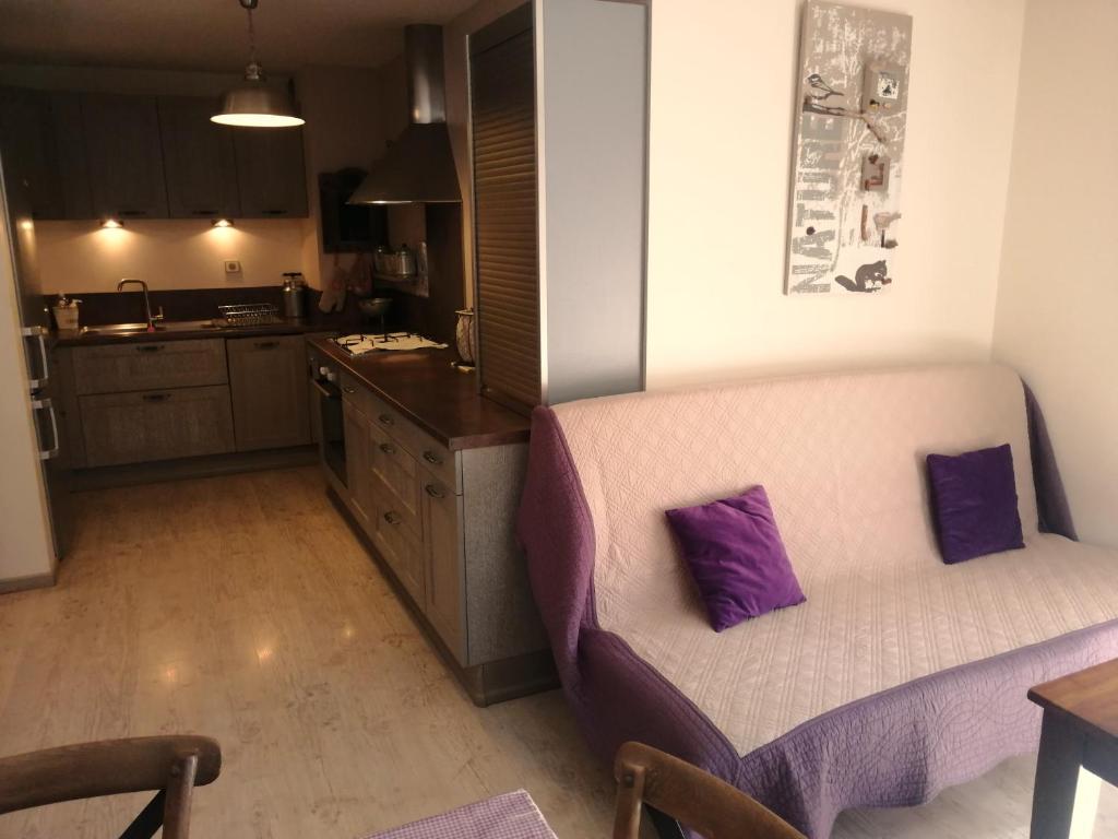 a kitchen with a couch with purple pillows on it at Lac d'Annecy T2 grand jardin in Doussard