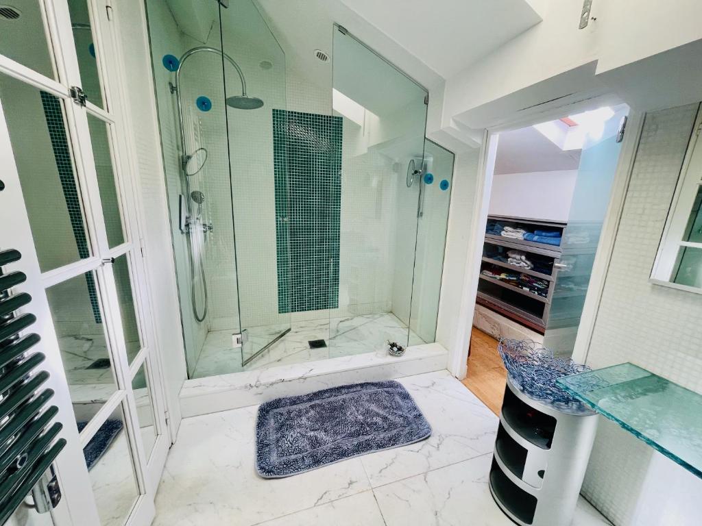 a bathroom with a glass shower and a sink at Palais Belle Epoque - Property With Style in Cannes