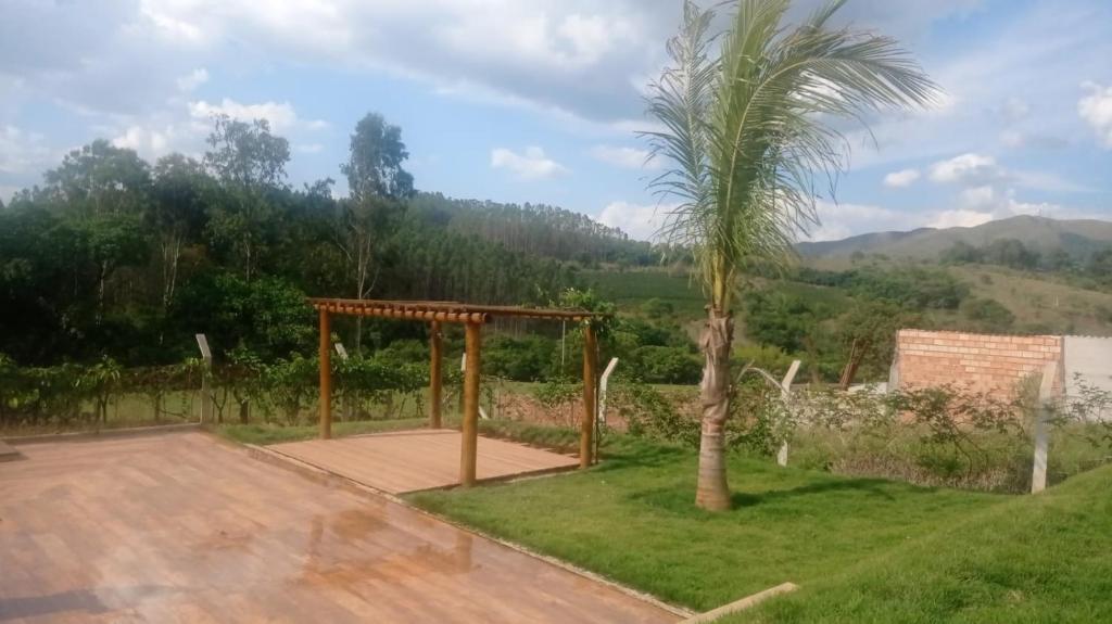 a gazebo and a palm tree in a yard at Rancho Moreira in Piumhi