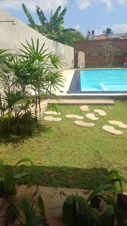 a yard with a swimming pool and plants and a building at Ocean View tourist guest house at Negombo beach in Negombo