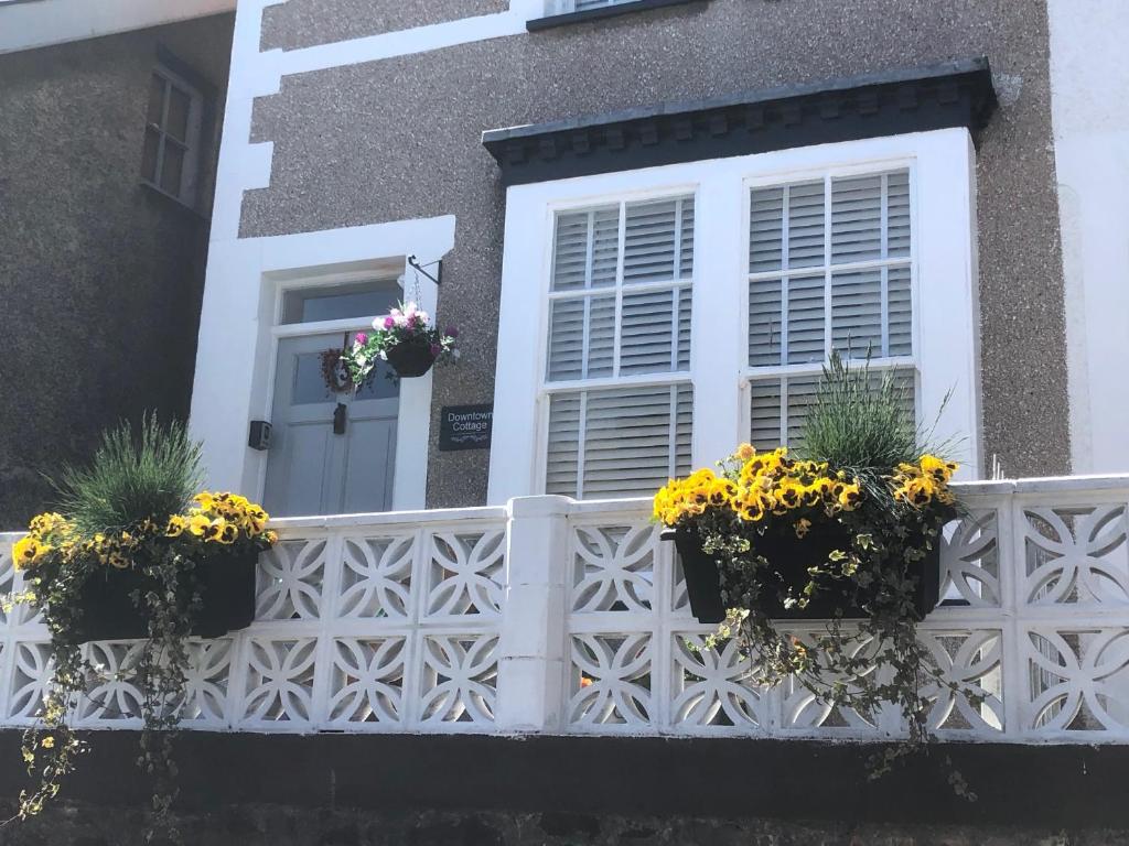 a white fence with two windows and flowers on it at Downtown Cottage Conwy in Conwy