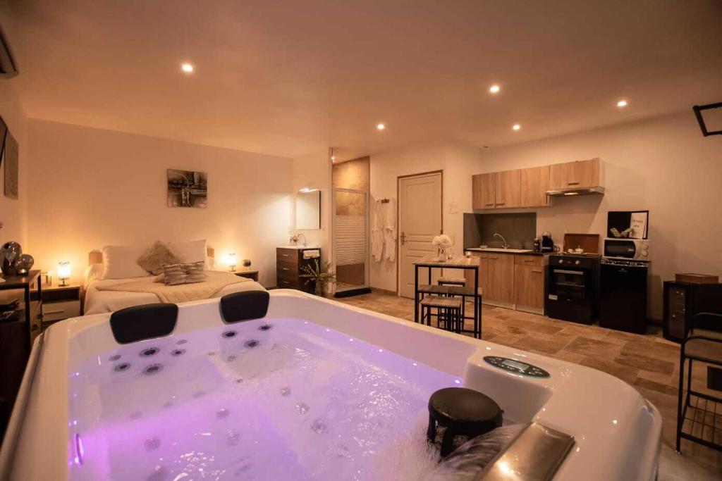 a large bath tub in a room with a bedroom at Gites spa de charme L ETOILE SPA in Beynac-et-Cazenac