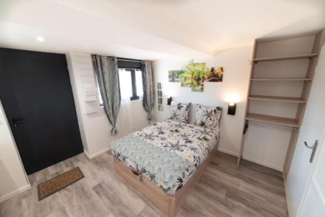 a bedroom with a bed and a book shelf at Studio Green Groupama Lyon , Eurexpo Aréna in Meyzieu