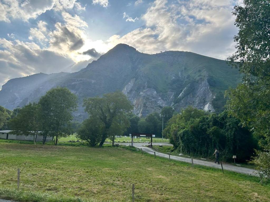 une personne se promenant sur un sentier devant une montagne dans l'établissement Appartment T2 à Lourdes, à Lourdes
