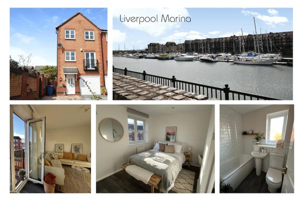 a collage of four pictures of a bedroom and a house at Entire cosy home in Liverpool Marina in Liverpool
