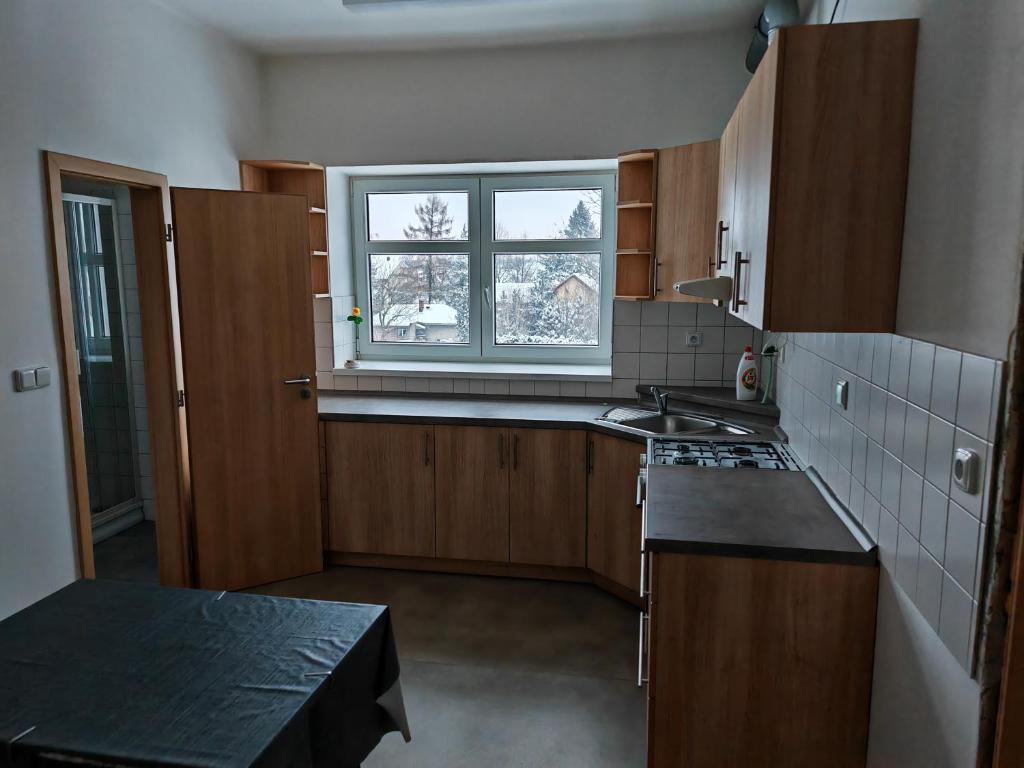 Elle comprend une petite cuisine avec un évier et une fenêtre. dans l'établissement Hospoda U Máně, à Řepiště