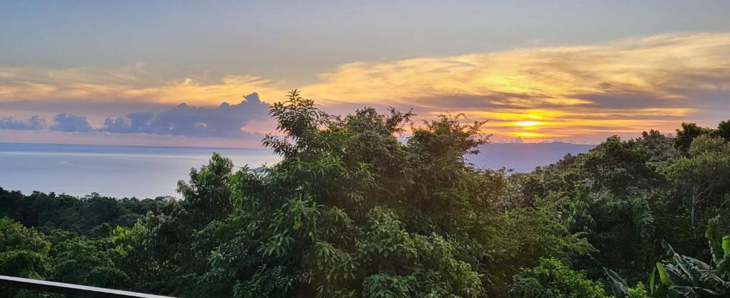 una puesta de sol sobre un bosque de árboles con la puesta de sol en MisBHaven Resort and Spa en Port Antonio