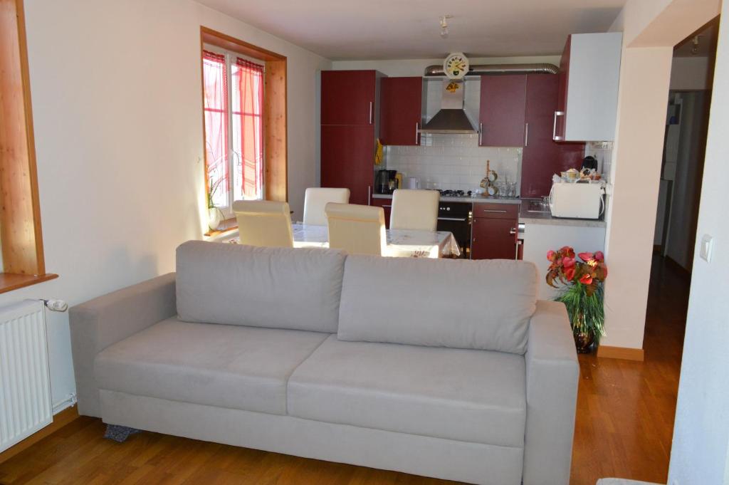 Una sala de estar con un sofá y una cocina. en Appartement Timgad, en Gérardmer