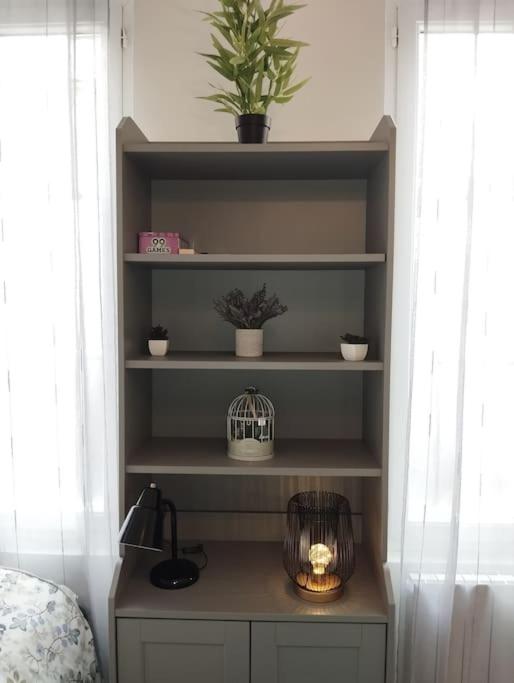 a shelf with plants and a lamp in a bedroom at Le Studio de la Seine in Elbeuf