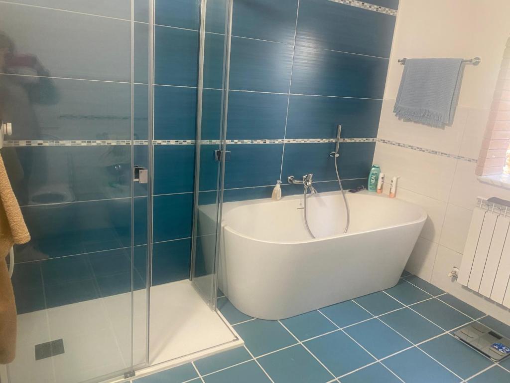 a bathroom with a tub and a glass shower at VILLA TARA in Quercianella