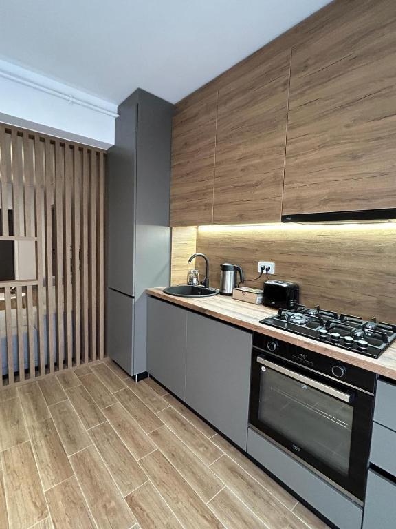 a kitchen with a stove and a counter top at B.L Apartaments in Bucharest
