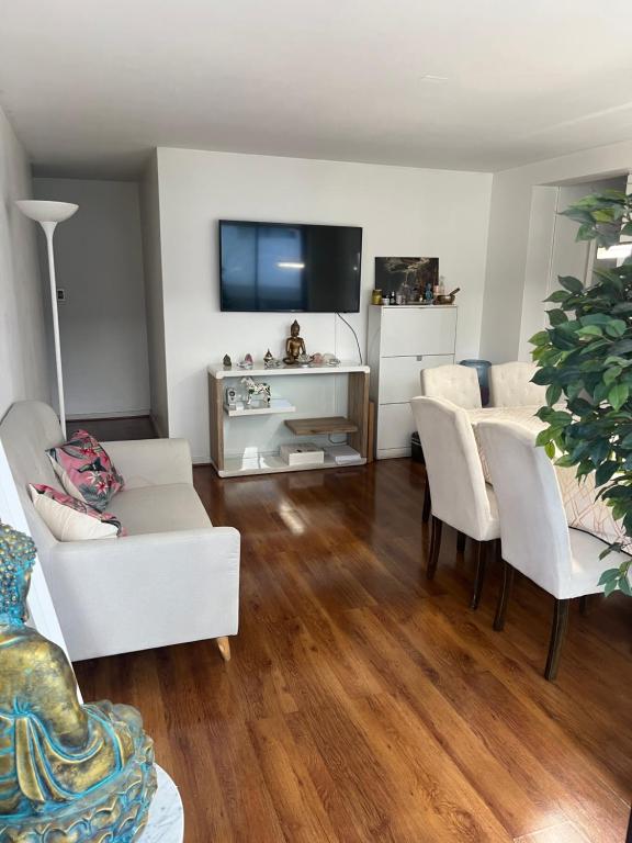 een woonkamer met witte meubels en een flatscreen-tv bij Hermoso departamento Providencia in Santiago