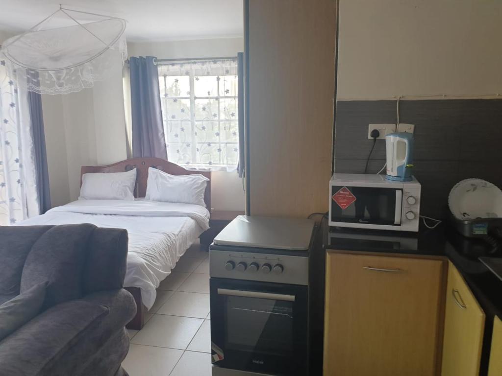 a small room with a bed and a microwave at Mvuli suites studio in Nairobi