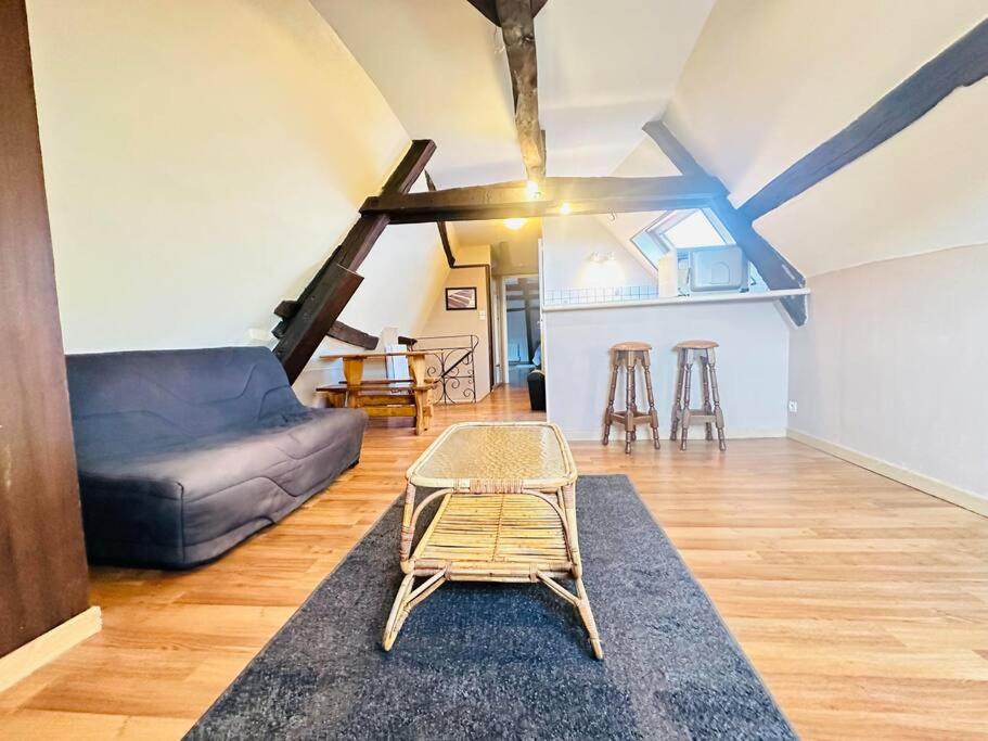 ein Wohnzimmer mit einem Sofa und einem Tisch in der Unterkunft La belle époque in Laon