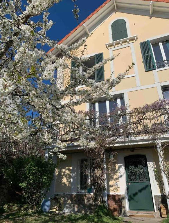 a flowering tree in front of a building at Maison familiale avec vue tour Eiffel in Suresnes