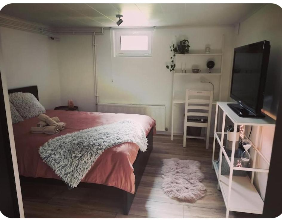 1 dormitorio con 1 cama y TV de pantalla plana en Vila Ösmo, en Ösmo