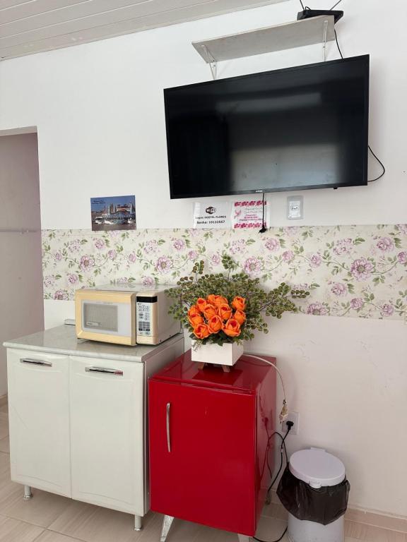 un vase de fleurs au-dessus d'un réfrigérateur rouge dans l'établissement Hostel das Flores, à Belém