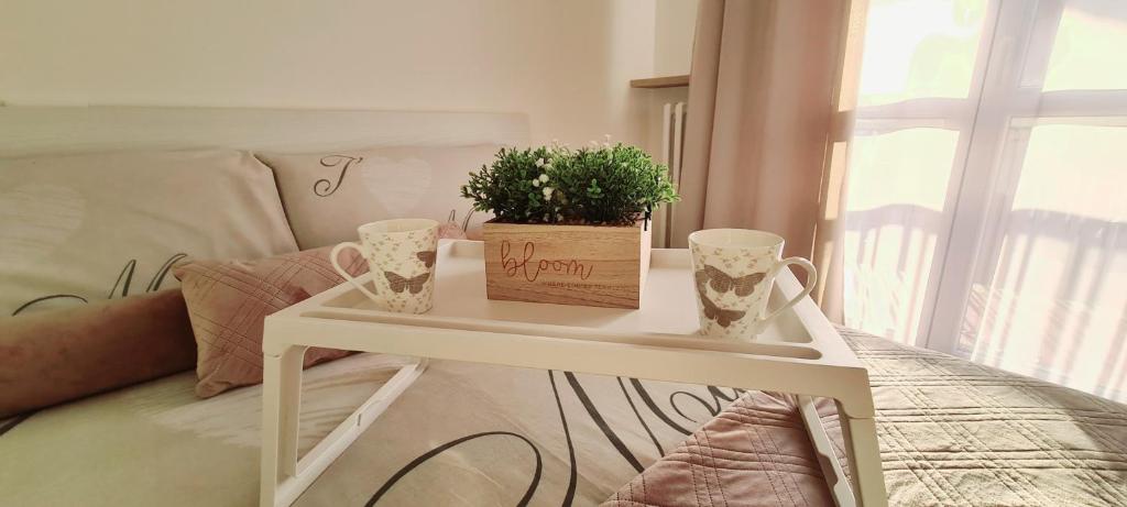 una mesa blanca con dos tazas y una maceta en ella en Appartamento vicino al centro Adigeo e fiera en Verona