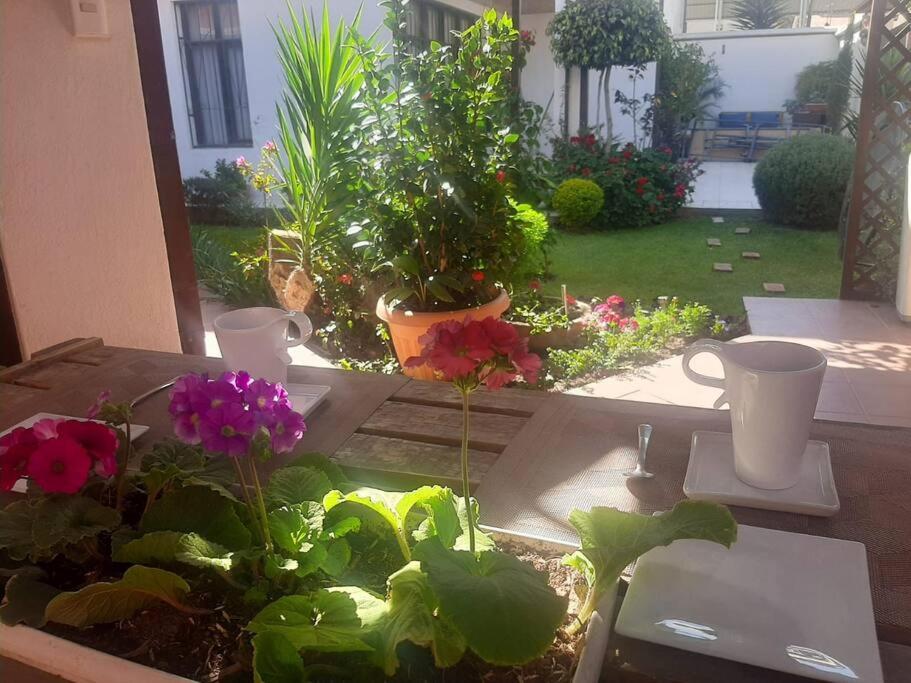 uma mesa com flores e plantas num jardim em Departamento 2 habitaciones em Cochabamba